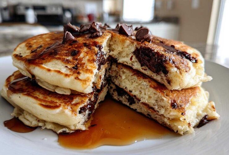 A stack of fluffy chocolate chip pancakes cut open, drizzled with syrup and topped with chocolate chips.