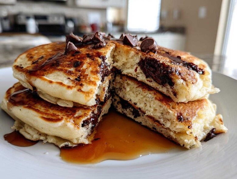 A stack of fluffy chocolate chip pancakes cut open, drizzled with syrup and topped with chocolate chips.