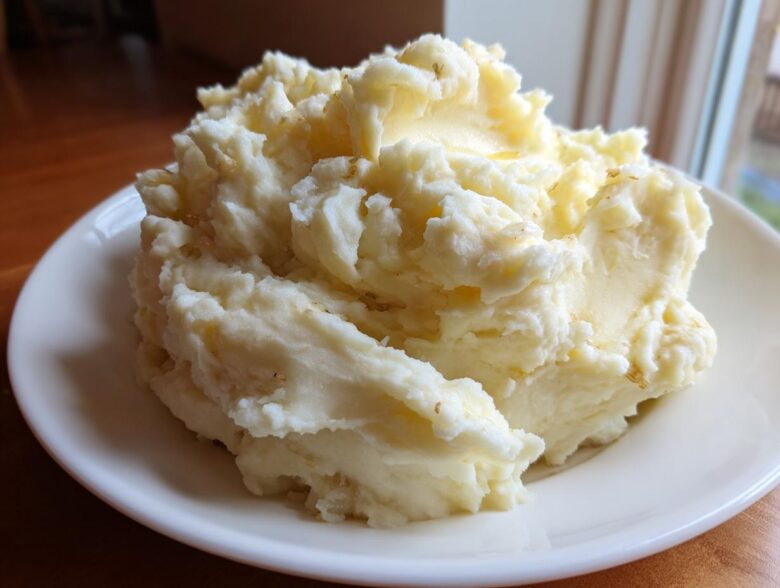 A generous serving of creamy, fluffy garlic mashed potatoes piled high on a white plate.