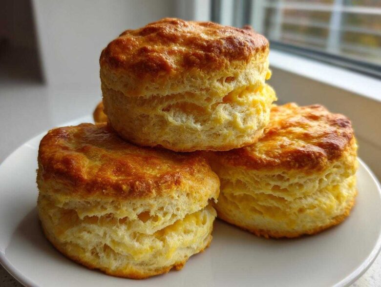 Three tall, flaky, golden brown scones stacked on a white plate, showing excellent rise.