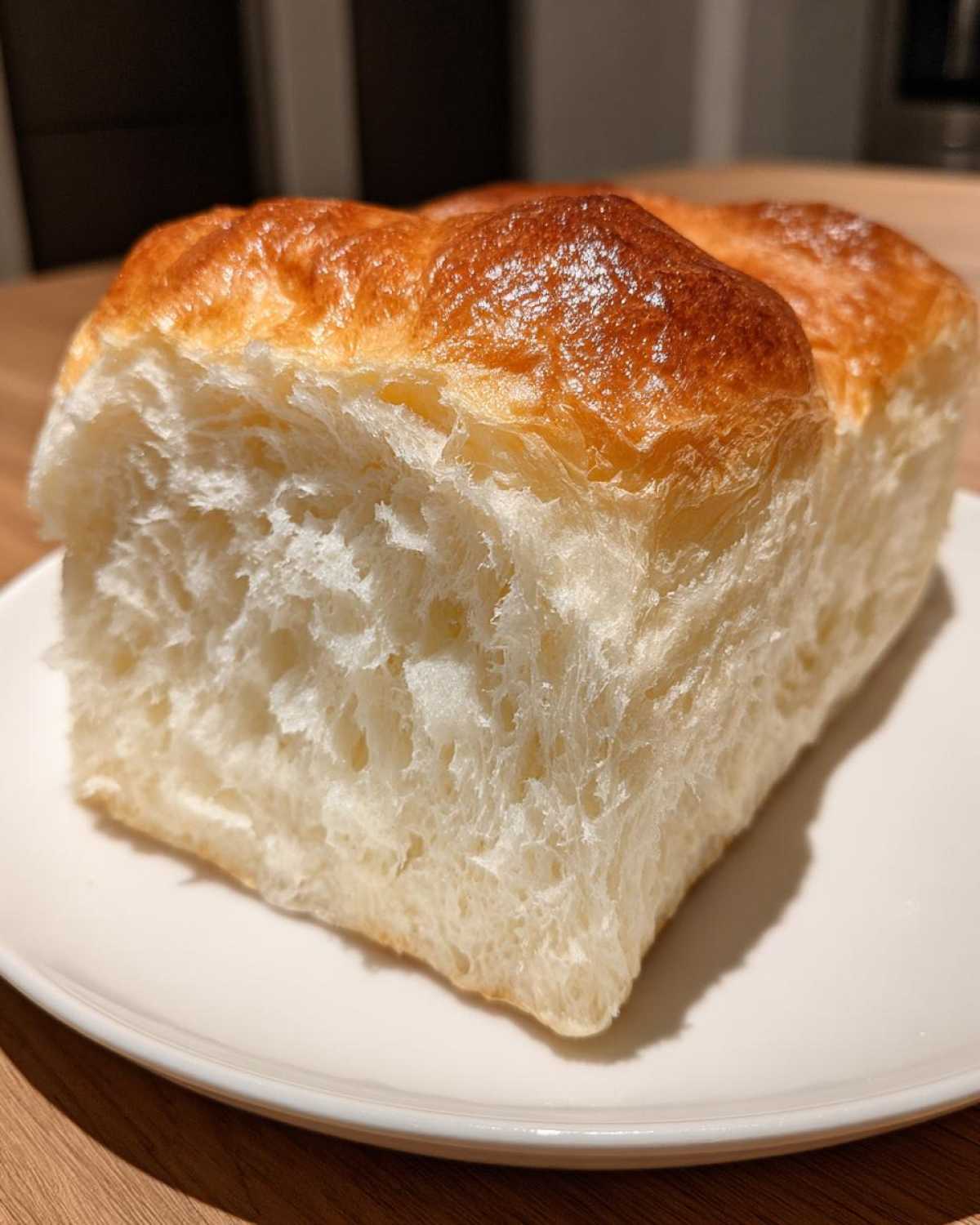 Close-up of a slice of incredibly soft japanese milk bread showing its fluffy interior and shiny, golden-brown top crust.