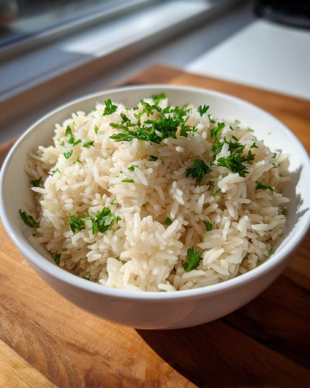 A white bowl filled with fluffy, perfectly cooked rice pilaf, garnished generously with fresh chopped parsley.