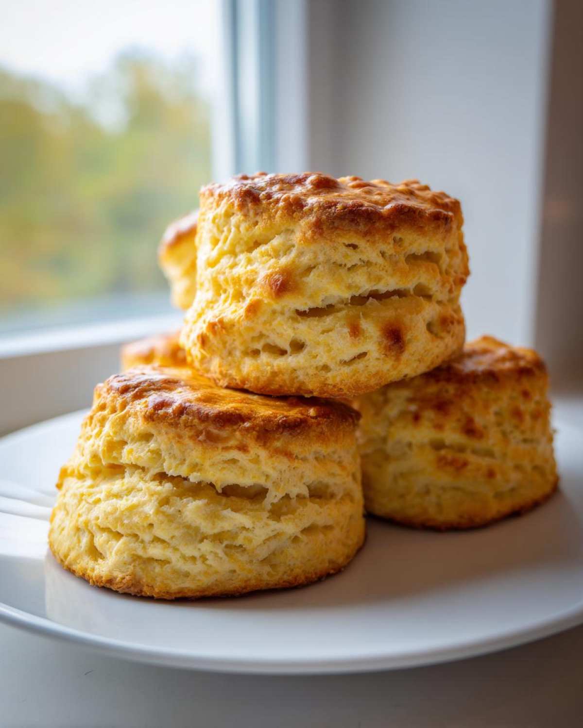 A stack of golden brown, tall, and fluffy scones showing distinct layers.