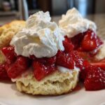 Close-up of a fluffy biscuit split and topped with macerated strawberries and a generous dollop of whipped cream, classic shortcake.