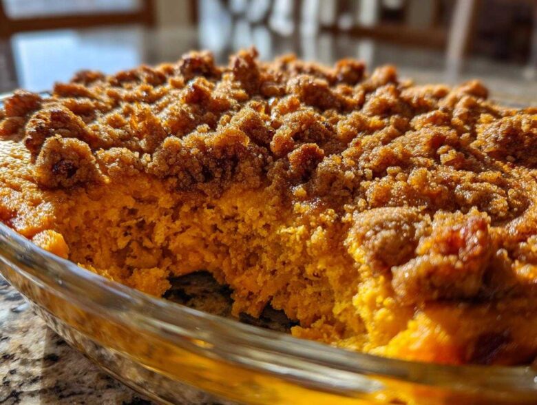 Close-up of a scooped portion of fluffy sweet potato souffle topped with a rich, brown sugar crumb topping.