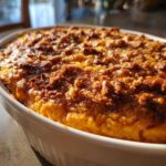 Close-up of a golden brown, crusty topping on a fluffy sweet potato souffle in a white oval baking dish.