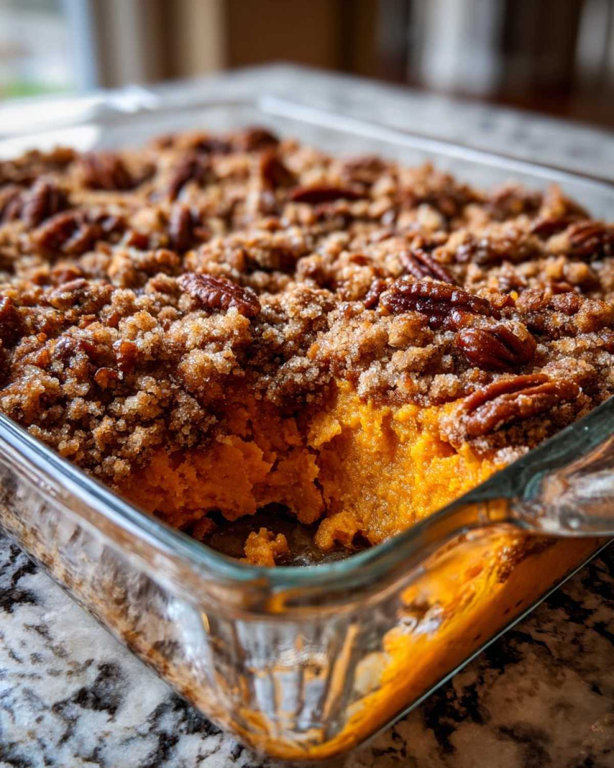 Close-up of a baked sweet potato souffle in a glass dish, featuring a rich pecan and brown sugar crumble topping.