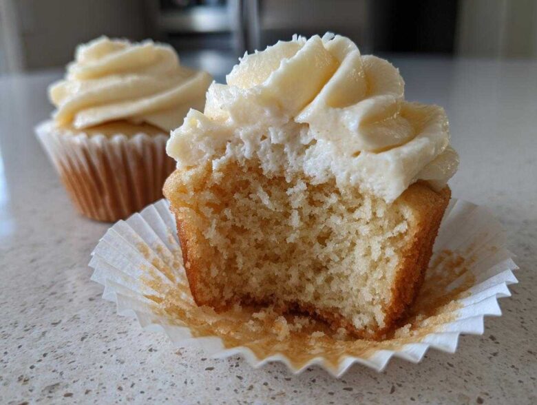 Close-up of a fluffy vanilla cupcake with a bite taken out, showing the moist crumb and vanilla frosting.