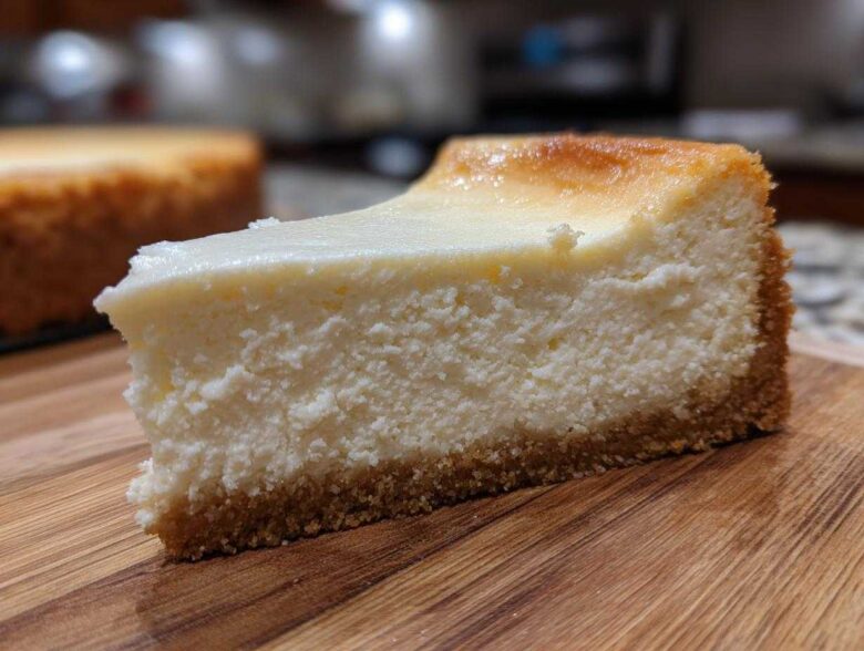 A thick, creamy slice of new york cheesecake with a golden-brown top and graham cracker crust, resting on a wooden board.
