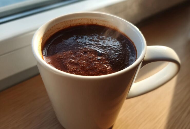 Close-up of rich, dark french hot chocolate steaming in a white mug, set near a window.
