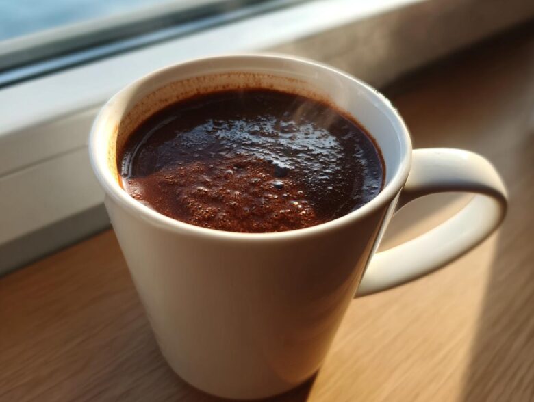 Close-up of rich, dark french hot chocolate steaming in a white mug, set near a window.