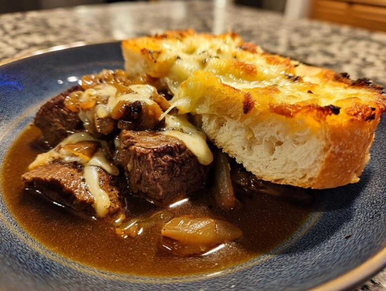 Close-up of tender beef chunks in rich broth, topped with caramelized onions and melted cheese, served with cheesy toasted bread, a perfect french onion beef stew.