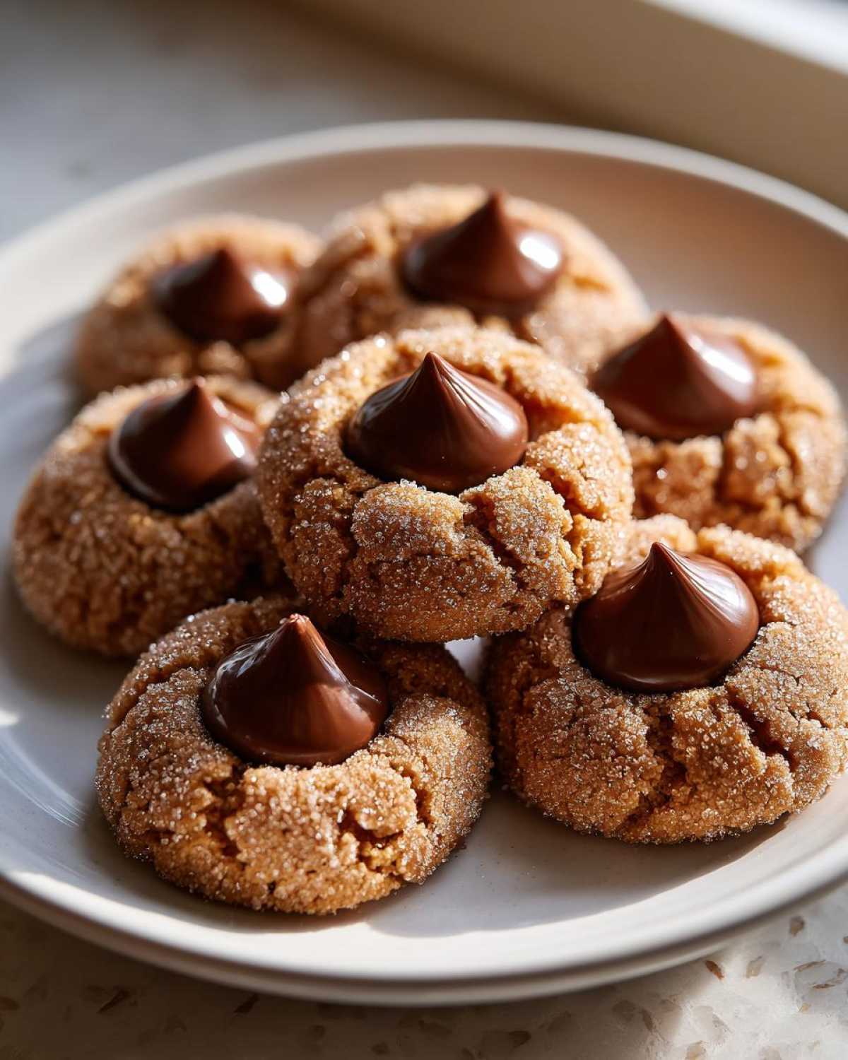 A plate of freshly baked peanut butter blossoms cookies, rolled in sugar and topped with a chocolate kiss.