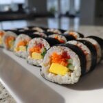 A row of freshly sliced tuna kimbap rolls displayed on a long white platter, showing fillings like egg, carrot, and cucumber.