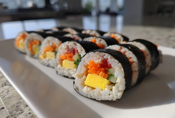A row of freshly sliced tuna kimbap rolls displayed on a long white platter, showing fillings like egg, carrot, and cucumber.