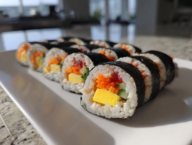 A row of freshly sliced tuna kimbap rolls displayed on a long white platter, showing fillings like egg, carrot, and cucumber.