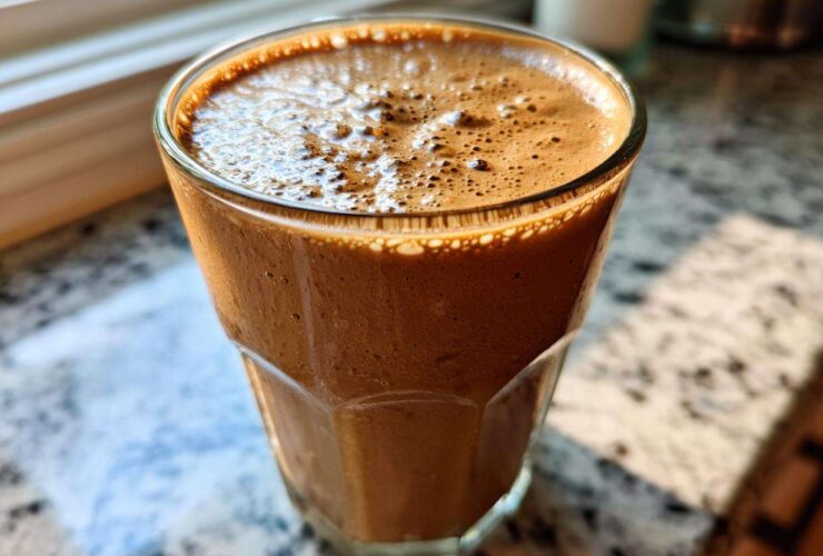 Close-up of a rich, brown Coffee Smoothie with a foamy top in a clear glass, sitting on a granite counter near a window.