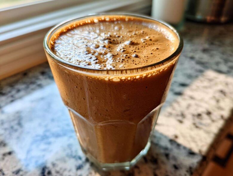 Close-up of a rich, brown Coffee Smoothie with a foamy top in a clear glass, sitting on a granite counter near a window.