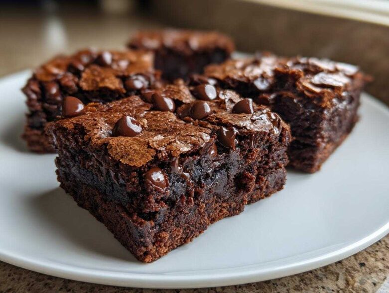 Close-up of fudgy black bean brownies squares topped with melted chocolate chips on a white plate.