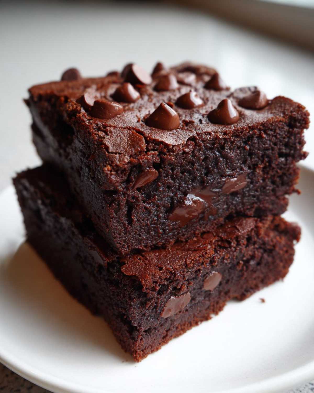 Two stacked, fudgy black bean brownies generously topped with melted chocolate chips on a white plate.