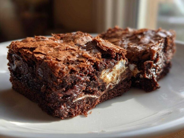 Two fudgy hot chocolate brownies with a shiny, cracked top and visible marshmallow filling on a white plate.