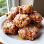 A stack of golden brown, glazed apple fritter bites piled high on a white plate.