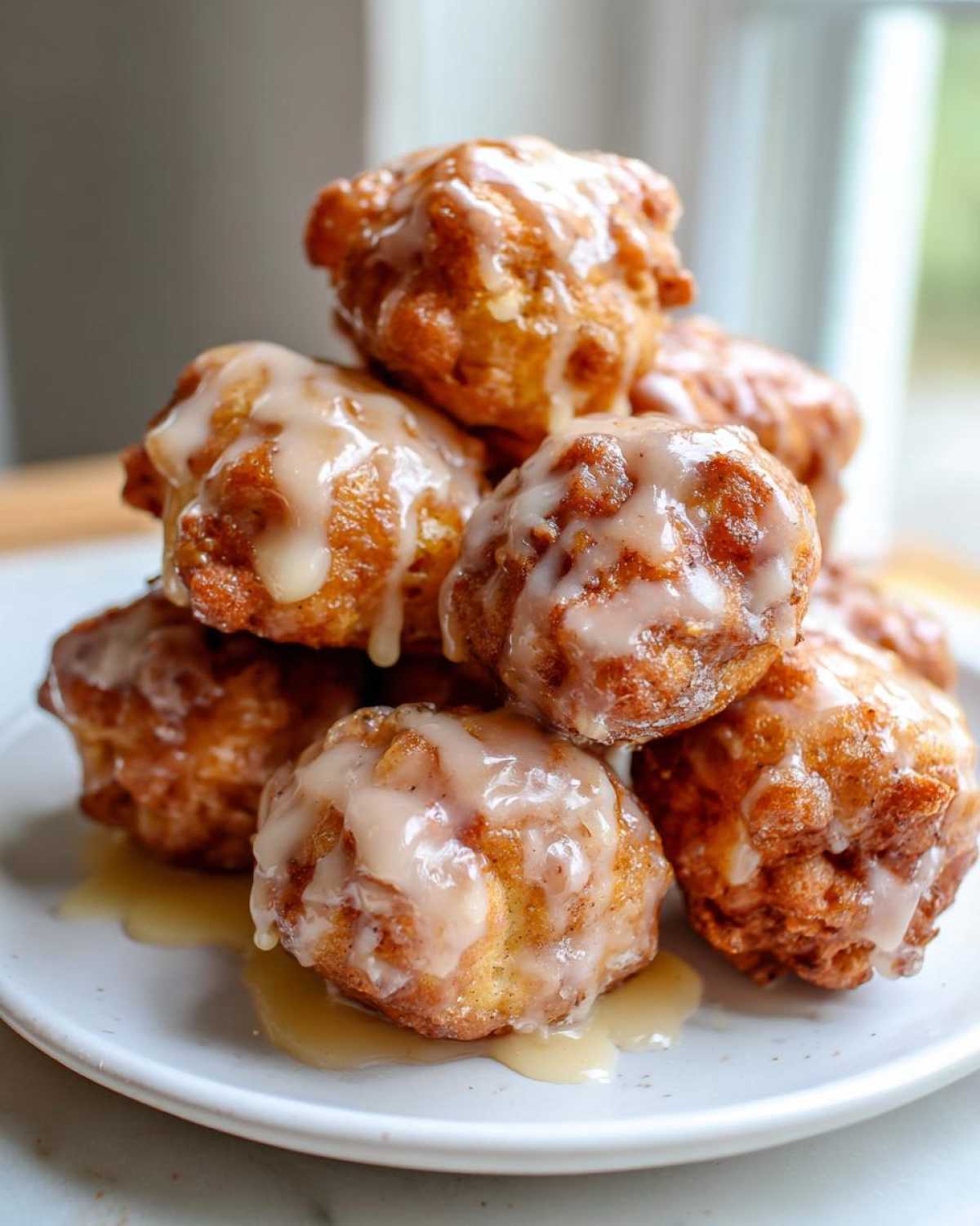 A stack of golden brown, bite-sized apple fritter pieces drizzled with a thick vanilla glaze.
