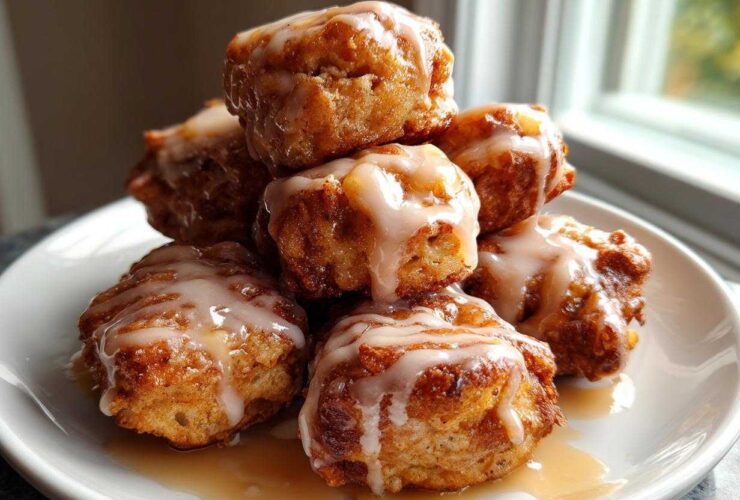 A stack of golden brown apple fritter bites drizzled generously with a light glaze, served on a white plate.