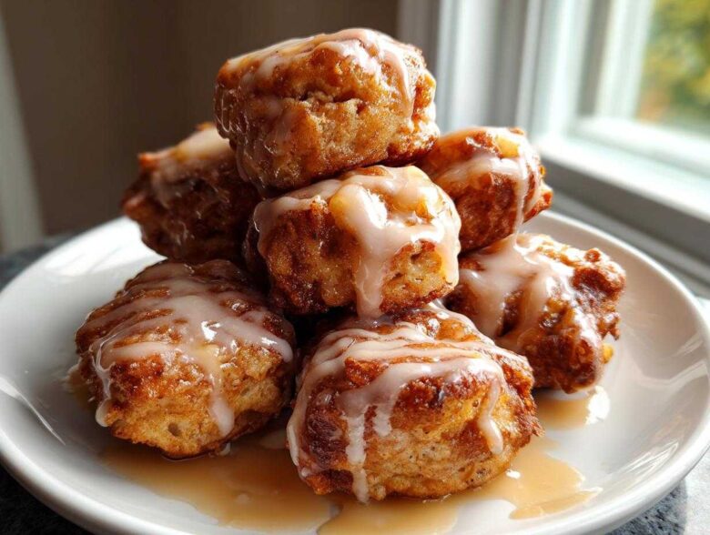 A stack of golden brown apple fritter bites drizzled generously with a light glaze, served on a white plate.