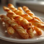 A close-up of several flaky, golden baked cheese straws stacked on a white plate.