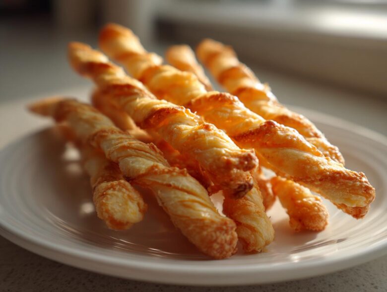 A close-up of several flaky, golden baked cheese straws stacked on a white plate.