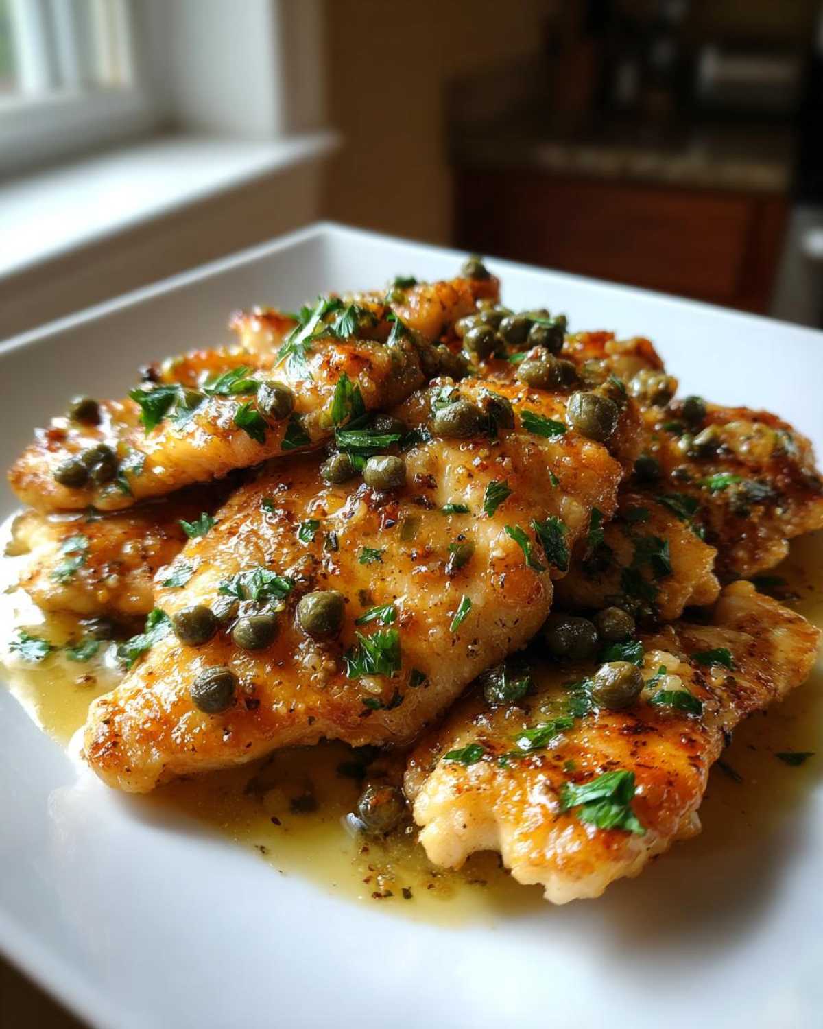 Close-up of golden pan-fried chicken piccata fillets covered in lemon-butter sauce, capers, and fresh parsley.