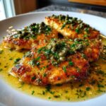 Three golden-brown pieces of chicken piccata smothered in a bright lemon-butter sauce and topped with capers and fresh parsley.