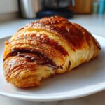 A perfectly baked, flaky chocolate croissant resting on a white plate, showing melted chocolate oozing out.