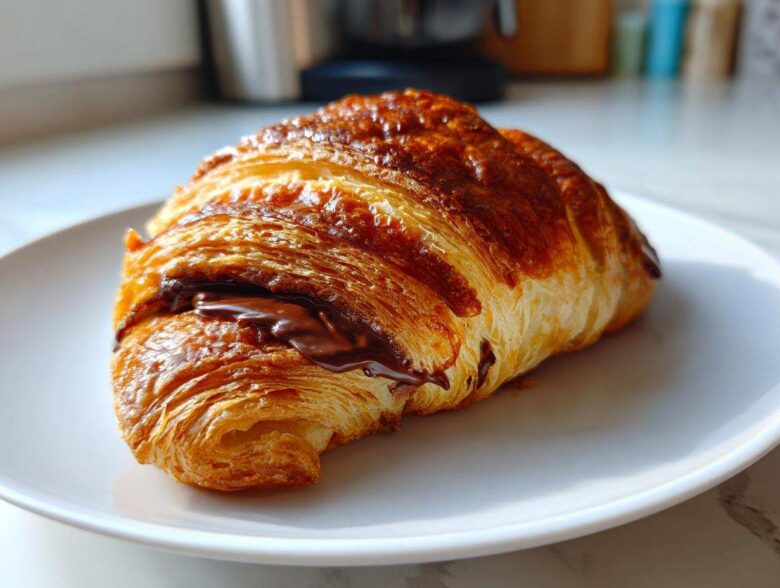 A perfectly baked, flaky chocolate croissant resting on a white plate, showing melted chocolate oozing out.