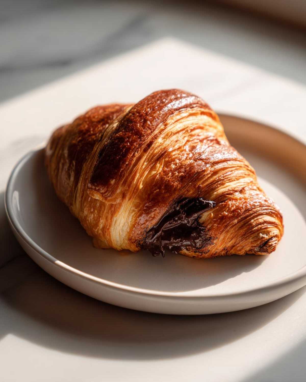 A perfectly baked, flaky chocolate croissant oozing melted dark chocolate, sitting on a light plate.