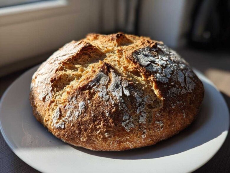 A freshly baked, round loaf of soda bread with a deeply browned, cracked crust dusted with flour, sitting on a white plate.
