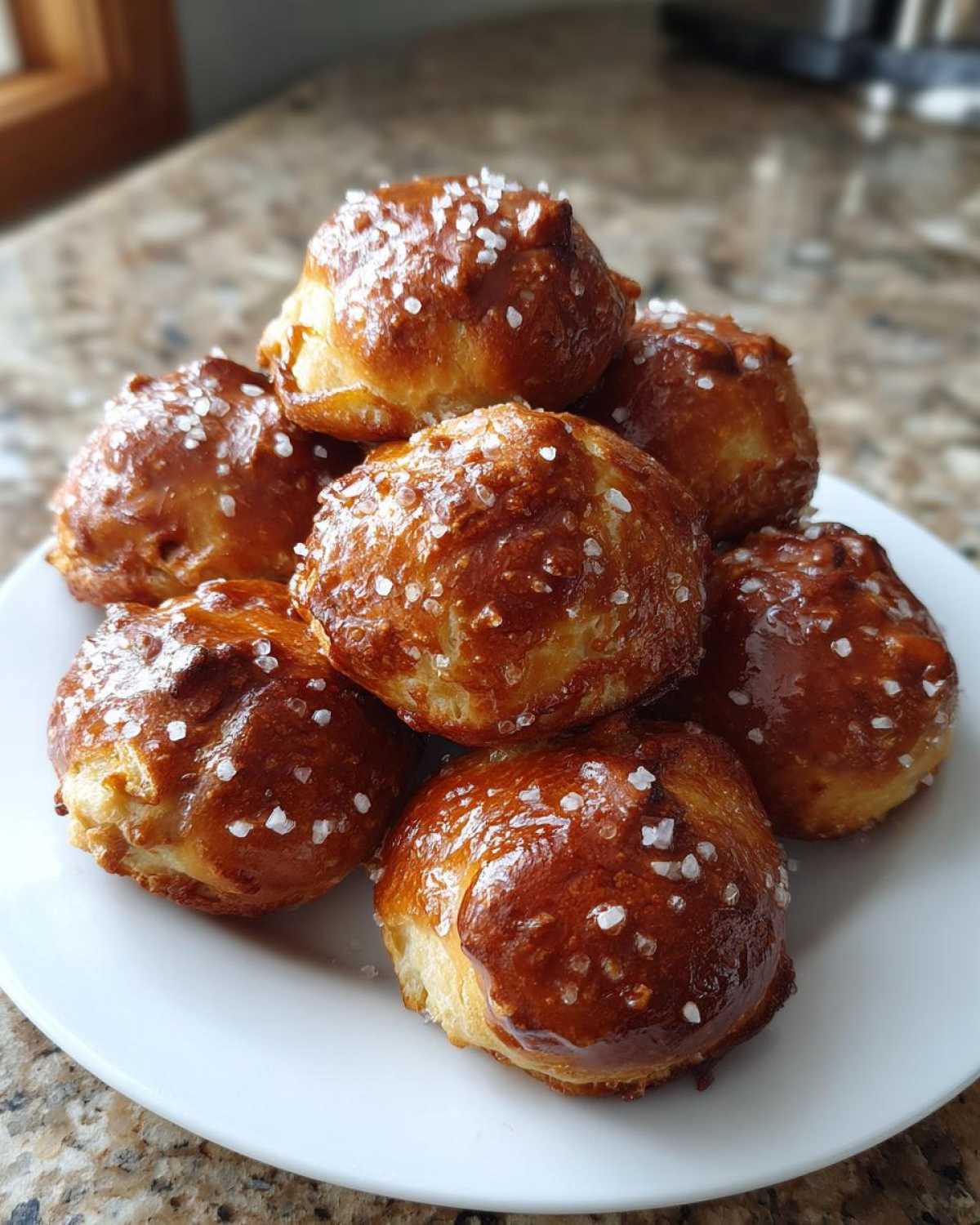 A stack of freshly baked, golden brown pretzel bites topped with coarse salt crystals.