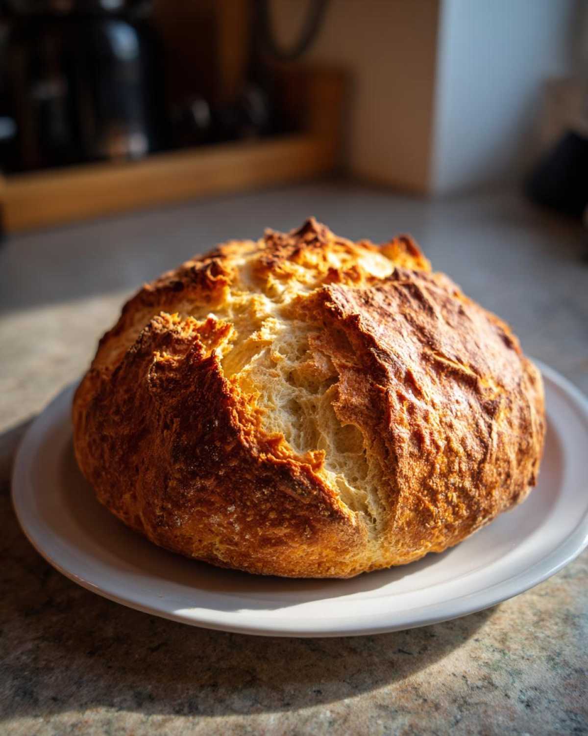 A rustic, round loaf of freshly baked soda bread with a deeply browned, cracked crust resting on a white plate.