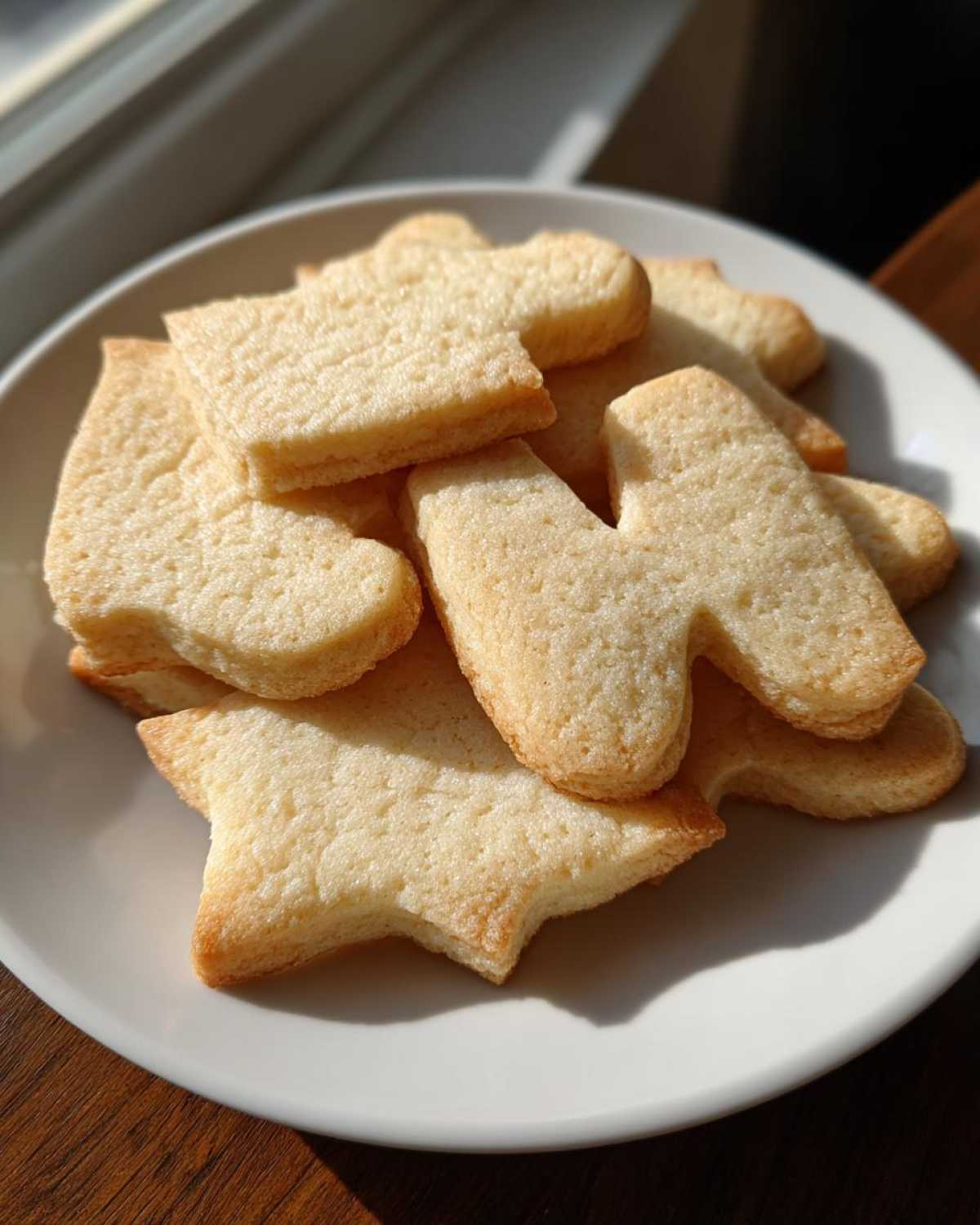 A stack of plain, un-iced sugar cookies in various shapes resting on a white plate.