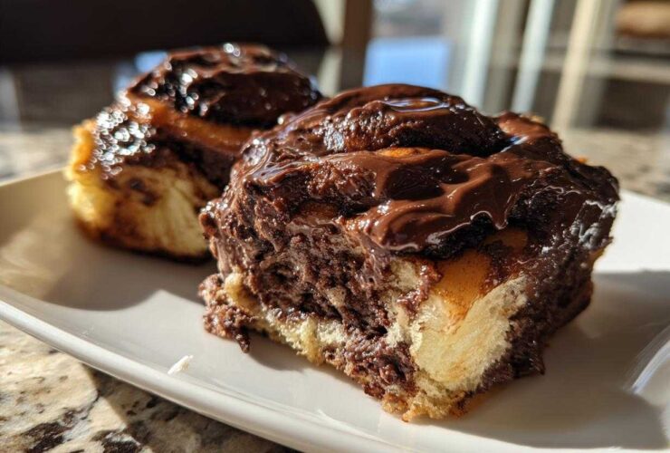Two gooey chocolate cinnamon rolls heavily frosted with rich chocolate glaze, sitting on a white plate.