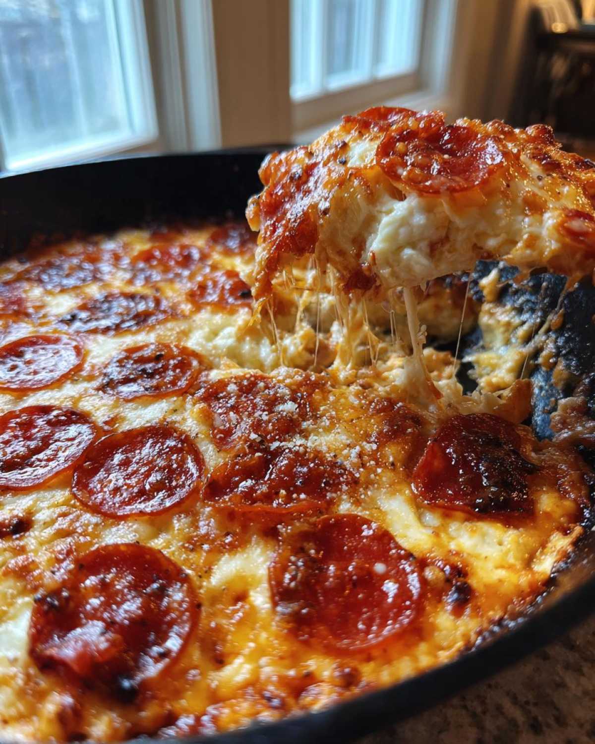 A scoop of hot, cheesy pepperoni pizza dip is lifted from a skillet, showing dramatic cheese pulls.