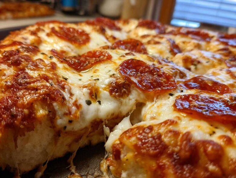 Close-up of a baked pepperoni pizza dip showing melted, stringy cheese and crispy pepperoni slices.