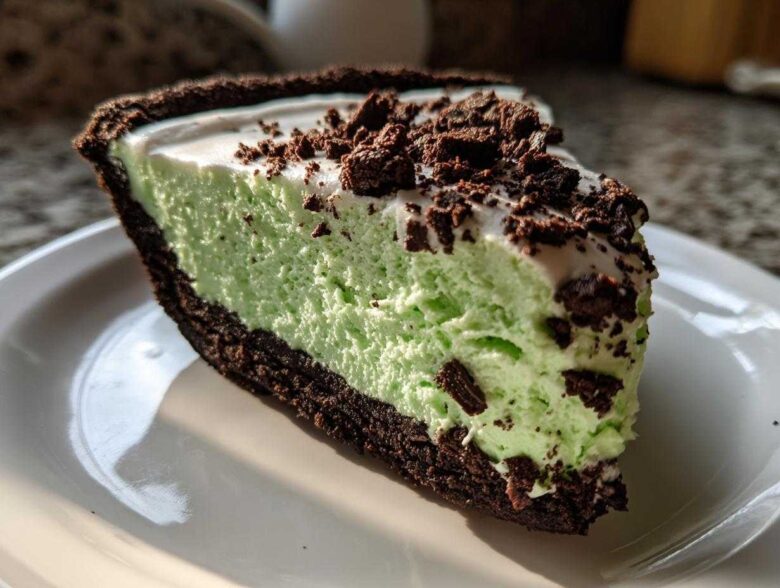 A close-up slice of creamy, light green grasshopper pie with a dark chocolate crust and chocolate crumbles on top.