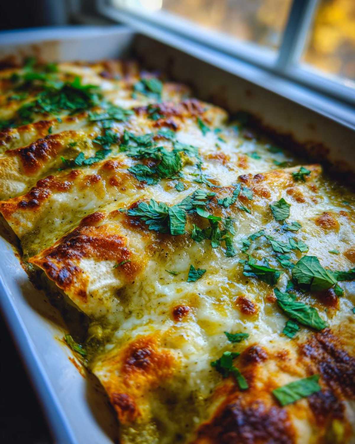 Close-up of baked green chile chicken enchiladas covered in melted, bubbly cheese and fresh cilantro.