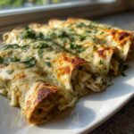Close-up of three baked green chile chicken enchiladas covered in melted, slightly browned cheese and fresh cilantro.
