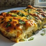 Close-up of baked green chile chicken enchiladas covered in melted, browned cheese and fresh cilantro.