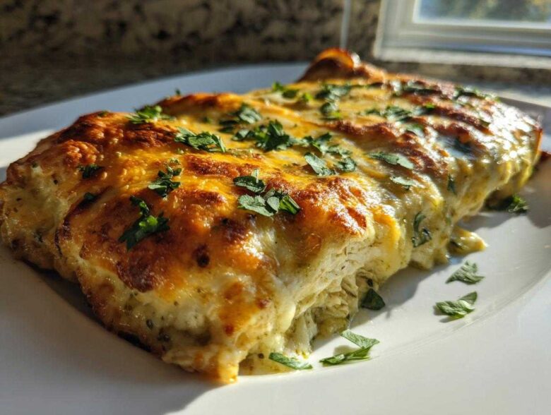 Close-up of baked green chile chicken enchiladas covered in melted, browned cheese and fresh cilantro.