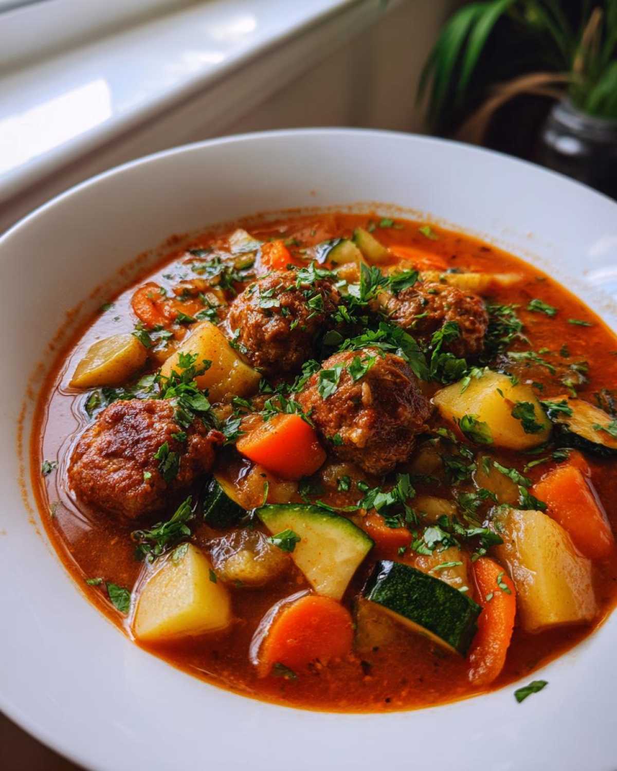 Close-up of a white bowl filled with rich, red broth albondigas soup featuring meatballs, potatoes, carrots, and zucchini, topped with cilantro.