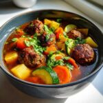 A close-up of a dark bowl filled with rich albondigas soup featuring meatballs, potatoes, carrots, zucchini, and fresh cilantro.